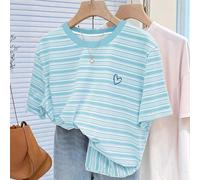 T-shirt à col rond régulier avec impression numérique à rayures multicolores et broderie en forme de cœur L,M,S,XL,XSRayéTissu tricoté