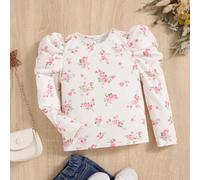 T-shirt À Col Rond Tricoté Pour Jeune Fille À Manches Gigot Longues À Nervures Et Motif Floral 6Y,7Y,4Y,5Y,3-4YFloral,Plantes,imprimé floralTissu tricoté