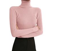 T-shirt à col roulé pour femme - Manches longues côtelées - Couleur unie - Pull basique à col roulé - Sous-vêtement décontracté - Haut esthétique Y2K Crop Top, Rose, taille unique