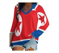 T-Shirt À Imprimé Drapeau Nord-Coréen pour Femme, Col V, Manches Longues, Ample, Grande Taille Hauts Tunique pour Femmes Manches Longues Blouse Femme Haut Ete Chemisier Chic