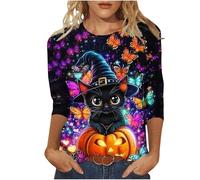 T-shirt à manches 3/4 pour femme avec chat d'Halloween - Haut avec chat noir, chapeau de sorcière et papillons - Motif coloré et mignon pour l'automne et les fêtes, Style V01 Violet, L