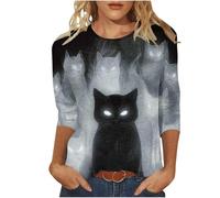 T-shirt à manches 3/4 pour femme avec chats mystiques - Haut avec yeux lumineux et chats fantômes - T-shirt d'Halloween effrayant et artistique pour femme, Style N01 Gris, XXL