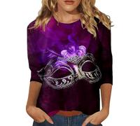 T-shirt à manches 3/4 pour femme avec col rond et impression 3D - Masque de carnaval - Coupe droite - T-shirt de loisirs pour l'extérieur - Haut urbain respirant, Rose, M