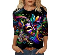 T-Shirt À Manches 3/4 pour Femme avec Col Rond Masque Imprimé Hauts Lâche Classique Stretch Carnaval Tee Shirt Élégant Ajusté Célébrations Top Décontracté Party Basic T-Shirts