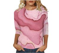 T-shirt à manches 3/4 pour femme avec impression 3D et col rond élégant - T-shirt à manches longues - T-shirt d'été léger - T-shirt de loisirs urbain décontracté - Style décontracté - Style fête, Rose