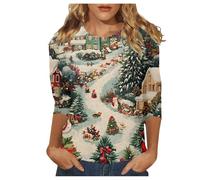T-shirt à manches 3/4 pour femme avec imprimé paysage d'hiver - Haut de Noël avec village enneigé - T-shirt 3D pittoresque pour les jours de fête, Style_v01 Vert, 3XL