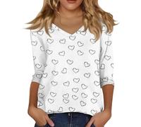 T-shirt à manches 3/4 pour femme avec motif cœur - Haut avec col en V et imprimé intégral - T-shirt décontracté pour un look romantique au quotidien, Style_l01 Blanc, S