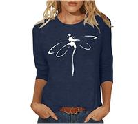 T-shirt à manches 3/4 pour femme - Motif libellule décontracté - Pull à col rond - Manches trois quarts - Pour l'été et l'automne - Chemise basique ample - All-Match - Tunique - Chemisier