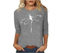 T-shirt à manches 3/4 pour femme - Motif libellule décontracté - Pull col rond - Manches trois-quarts - Pour l'été et l'automne - Basique - Décontracté - Tunique - Chemisier