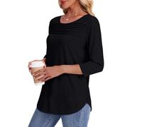 T-Shirt à Manches 3/4 pour Femme, Tee Shirt Ample et Long col Rond Basic Top Chic et élégant Fluide Coupe Classique Hauts Décontractés Tee Shirt dans Diverses Couleurs Dames été Tunique (Black, L)