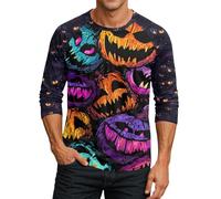 T-shirt à manches 3/4 pour homme avec imprimé Halloween et col rond confortable de qualité 2025 en coton à manches longues, bleu, XL