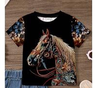 T-shirt à manches courtes à col rond pour jeune fille avec impression de cheval et de motif floral décontracté, convient pour l'été 6Y,7Y,4Y,5YAnimal,Portrait,Unicolore,PlantesTissu tricoté