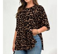 T-shirt à manches courtes à fente à l'ourlet avec motif léopard, style de base lâche et confortable, style simple, tops pour sortir, t-shirts grande taille, vêtements d'aéroport pour femmes, Europe, g