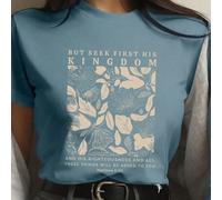 T-shirt à manches courtes avec col rond, imprimé de fleurs et de lettres, pour l'été décontracté. Mais cherchez d'abord son royaume et sa justice, et toutes ces choses vous seront données en plus. Mat
