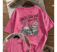T-shirt à manches courtes avec imprimé crâne et livre rétro usé - style art sombre, ambiance "Social Book Club", coupe ample - rose fruit du dragon - coton décontracté L,M,S,XL,XXLHalloweenMélange cot