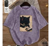 T-shirt à manches courtes avec imprimé de chat noir rétro japonais mangeant des sushis, design de niche cool, vêtements d'automne décontractés pour femmes L,M,S,XL,XXLAnimal,Musique & InstrumentsCoton
