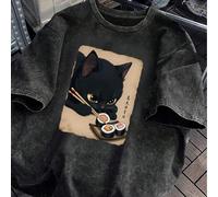 T-shirt à manches courtes avec imprimé de chat noir rétro japonais mangeant des sushis, design de niche cool, vêtements d'automne décontractés pour femmes L,M,S,XL,XXLAnimal,LettresCoton