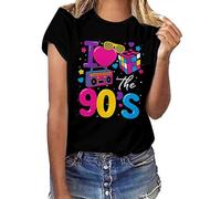 T-shirt à manches courtes avec imprimé floral des années 90 pour femme - Style rétro décontracté - Chemisier en soie - Noir, Noir , XL