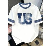 T-shirt à manches courtes avec imprimé lettre US en faux denim, convient pour un port décontracté quotidien, article polyvalent L,M,S,XL,XS,XXLgraphique,Lettres,CarreauTissu tricoté