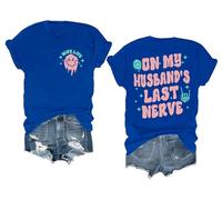 T-shirt à manches courtes avec inscription « On My Husband's Last Nerve Shirt Funny Wife Life Skull Hand », bleu marine, M
