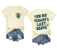 T-shirt à manches courtes avec inscription « On My Husband's Last Nerve Shirt Funny Wife Life Skull Hand », Jaune crémeux., XL