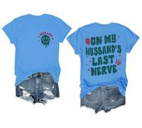 T-shirt à manches courtes avec inscription « On My Husband's Last Nerve Shirt Funny Wife Life Skull Hand », Bleu (Carolina blue), 3XL