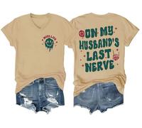 T-shirt à manches courtes avec inscription « On My Husband's Last Nerve Shirt Funny Wife Life Skull Hand », Kaki-VT-1, 3XL