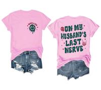 T-shirt à manches courtes avec inscription « On My Husband's Last Nerve Shirt Funny Wife Life Skull Hand », rose, 3XL