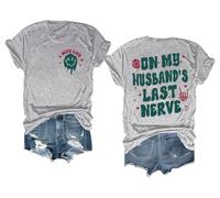 T-shirt à manches courtes avec inscription « On My Husband's Last Nerve Shirt Funny Wife Life Skull Hand », gris, 3XL