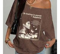 T-shirt à manches courtes col asymétrique pour femmes grandes tailles avec imprimé vintage de portrait, papillon et texte anglais 1XL,2XL,3XL,4XLHalloweenTissu tricoté