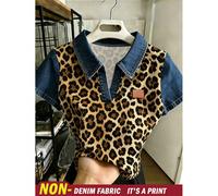 T-shirt à manches courtes col polo effet denim patchwork imprimé léopard style décontracté rétro vintage années 70 pour femme, printemps/été 2026, usage quotidien en journée, beige L,M,S,XLImprimés al