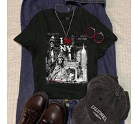 T-shirt à manches courtes col rond ajusté, style vintage "I Love NY" avec imprimé de la Statue de la Liberté et des paysages de New York. Convient pour l'été, le style vintage, universitaire, polyvale