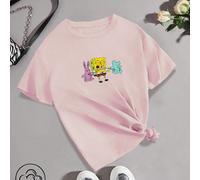 T-shirt à manches courtes, col rond, ample, à imprimé mignon de la série de collaboration SpongeBob SquarePants, en coton 100% respirant. Convient pour faire la queue, les rassemblements, les divertis