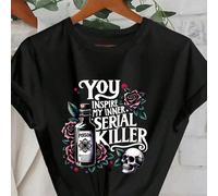 T-shirt à manches courtes col rond avec graphique "Vous avez réveillé mon tueur en série intérieur", décontracté pour femmes, convient pour le printemps, l'été et l'automne, noir L,M,S,XL,XXLPolyester