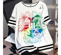 T-shirt à manches courtes col rond avec imprimé badge universitaire et bordure rayée, style décontracté d'été, grande taille 0XL,1XL,2XL,3XL,4XL,5XLgraphique,Lettres,RayéTissu tricoté