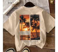 T-shirt à manches courtes col rond avec imprimé paysage, style minimaliste décontracté pour vacances, convient pour l'été, le style de rue, le port quotidien, les vacances, la mode printemps/été, les 