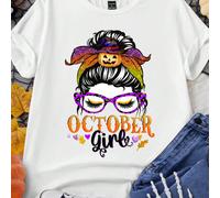 T-shirt à manches courtes col rond avec portrait de fille de dessin animé décontracté et motif nœud papillon pour femmes, adapté pour l'été L,M,S,XL,XS,XXL,XXSPortrait,Géométrique,Halloween,LettresTis