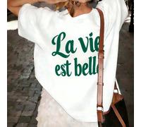 T-shirt à manches courtes col rond blanc pour femmes, imprimé de lettres françaises vertes, style parisien minimaliste, mode de rue décontractée, coupe ample et confortable, idéal pour les voyages et 