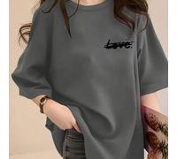 T-shirt à manches courtes col rond, coupe ample, imprimé lettres LOVE, collaboration d'artistes, noir. Design élégant et confortable, tenue décontractée pour l'extérieur L,M,S,XL,XSLettresPolyester