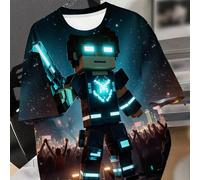 T-shirt à manches courtes col rond pour adolecent, imprimé cool, classique, de personnage de guerrier du futur en pixels et en dessin animé. Convient pour l'été 8Y,9Y,10Y,11Y,12YGéométrique,Tout Impri