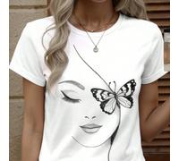 T-shirt à manches courtes col rond pour femmes grandes tailles, avec imprimé simple visage et papillon, style décontracté 0XL,1XL,2XL,3XL,4XLAnimal,Portrait,Unicolore,PapillonTissu tricoté