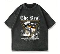 T-shirt à manches courtes col rond pour homme grande taille, imprimé graphique anglais délavé, style décontracté, pour un port quotidien 2XL,3XL,4XL,5XL,6XLPortraitTissu tricoté