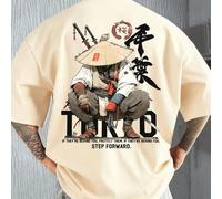 T-shirt à manches courtes col rond pour hommes grande taille, style samouraï japonais Ronin, inspiration américaine high street, rétro oriental, sous-culture, adapté pour la maison, le bureau, l'extér