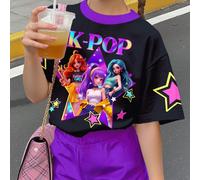 T-shirt à manches courtes, col rond, style minimaliste pour jeune fille, avec impression graphique de portrait de fille de bande dessinée en contraste de couleurs noir et violet. Convient pour le port