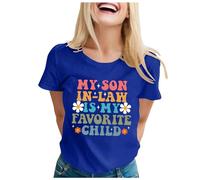 T-shirt à manches courtes col roulé à manches courtes pour femme avec inscription « Mon beau-fils est mon enfant préféré », bleu, S