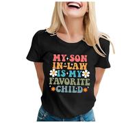 T-shirt à manches courtes col roulé à manches courtes pour femme avec inscription « Mon beau-fils est mon enfant préféré », Noir , S