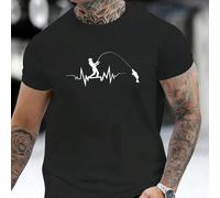 T-shirt à manches courtes coupe regular pour hommes avec impression personnalisée d'ECG et de pêche. Vêtement de sport casual et élégant, convient comme cadeau pour le mari ou le petit ami. Style anné