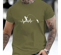 T-shirt à manches courtes coupe regular pour hommes avec imprimé électrocardiogramme et motif de pêche, vêtement de sport casual pour l'extérieur, convient comme cadeau pour le mari/petit-ami, style a