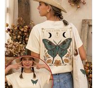 T-shirt à manches courtes coupe régulière, style INS "HALCYON SIDE" avec imprimé graphique papillon et lune au dos, crème léger et fin, Top d'été esthétique. Décontracté L,M,S,XL,XS,XXLAnimalPolyester