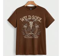 T-shirt à manches courtes coupe slim avec imprimé attrape-rêves tête de taureau et d'os de cow-boy style Far West, brun foncé L,M,S,XL,XS,XXL,XXS,XXXL,XXXXLHalloweenTissu tricoté